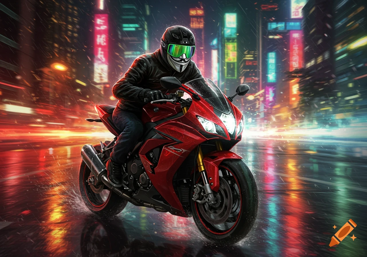 A masked figure on a red sports motorcycle rides through a neon-lit futuristic city at night, with motion blur and reflections.
