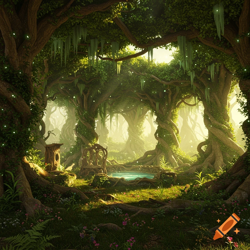 A vibrant, sunlit fantasy forest scene with ancient trees, a small pond, glowing particles, and lush vegetation.