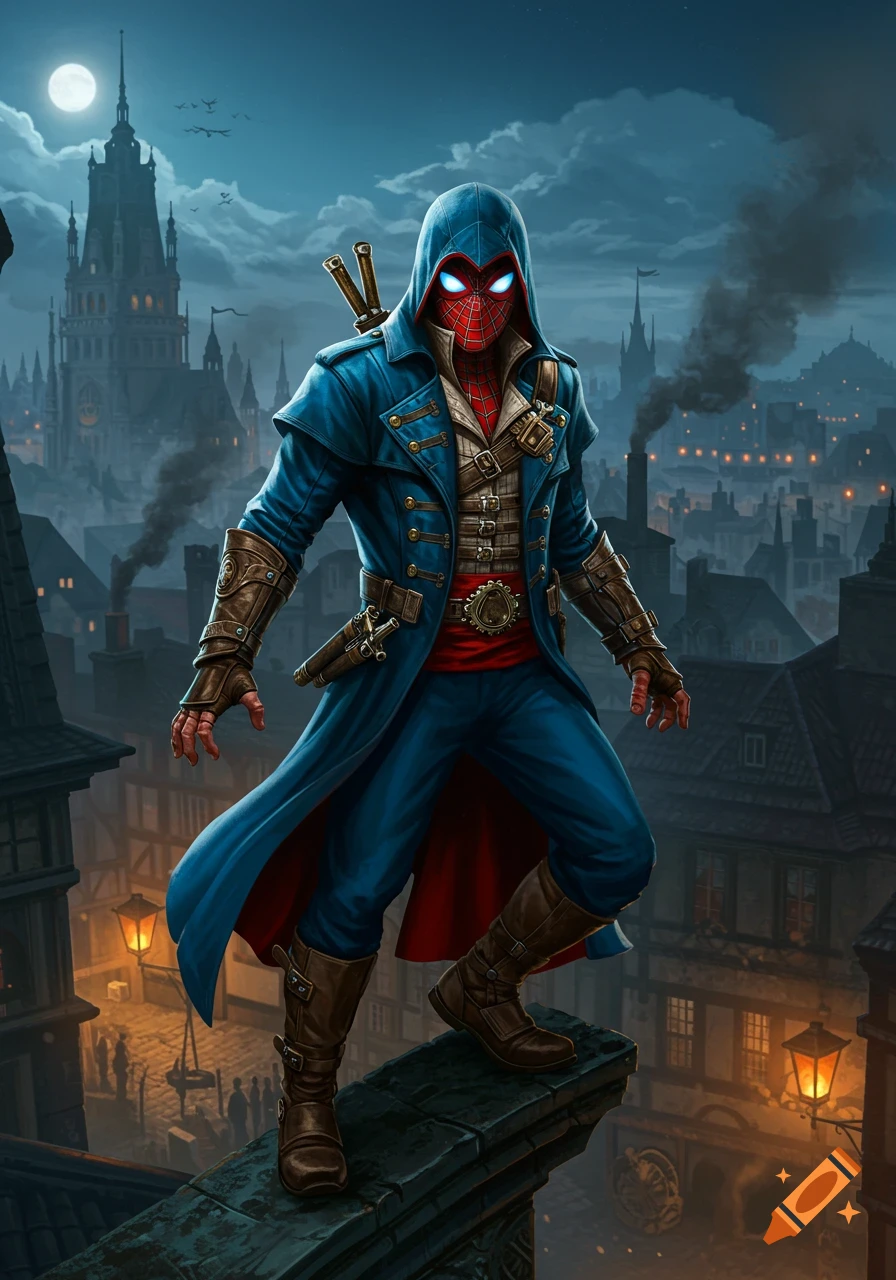 Spider-Man character in a blue steampunk hooded trench coat with glowing eyes stands on a rooftop overlooking a gothic city at night.