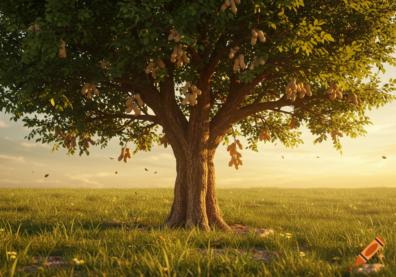 A photorealistic image of a tree with green leaves and peanuts hanging from its branches, standing in a grassy field with a bright golden sky.
