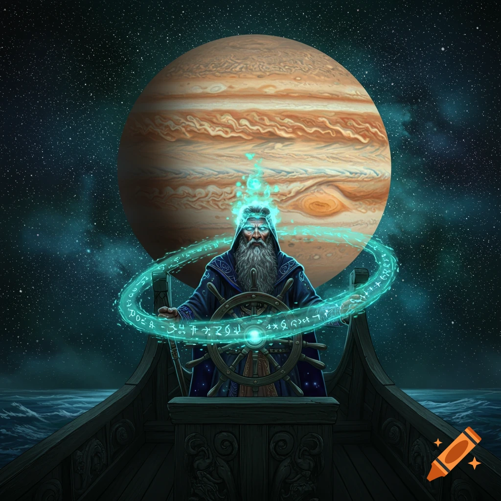 A bearded wizard on a sailing ship, surrounded by glowing teal runes, with the planet Jupiter looming large in the starry night sky.