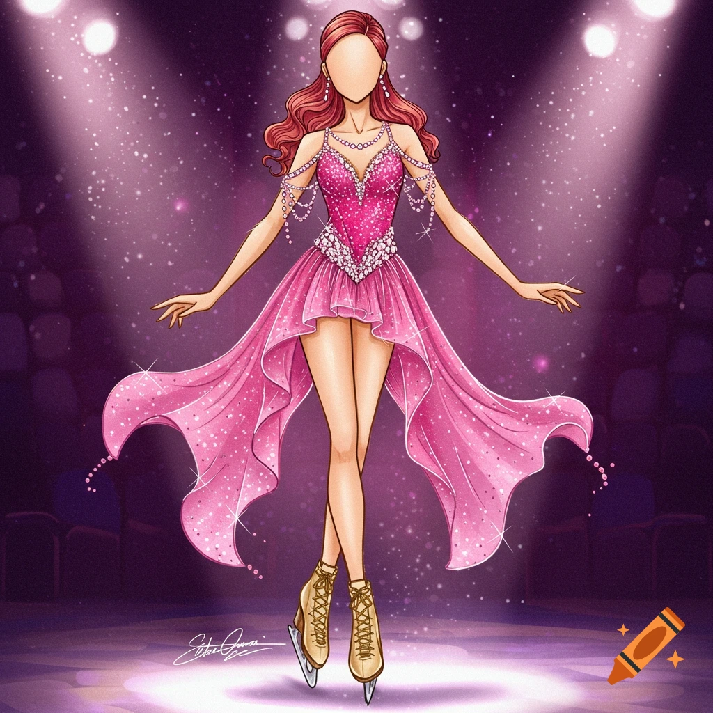 A stylized illustration of a faceless female figure with red hair in a sparkling pink figure skating dress and gold skates on an ice rink with spotlights.