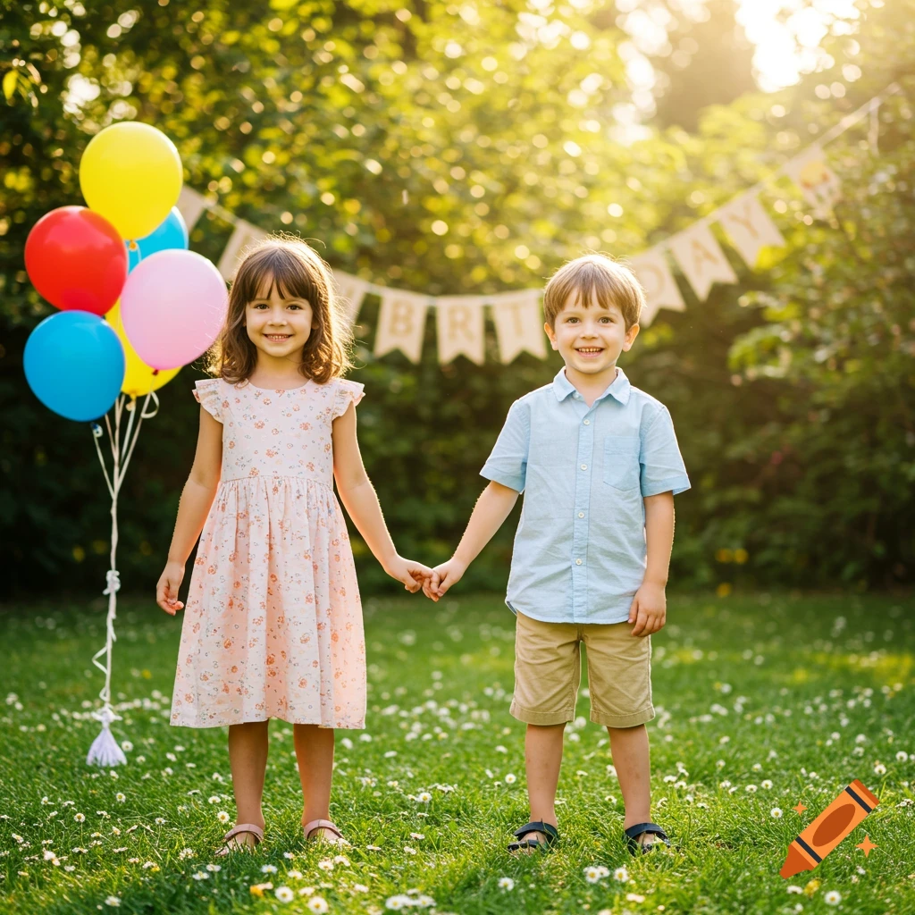 Two happy children holding hands in a sunny garden with balloons and a birthday banner.
