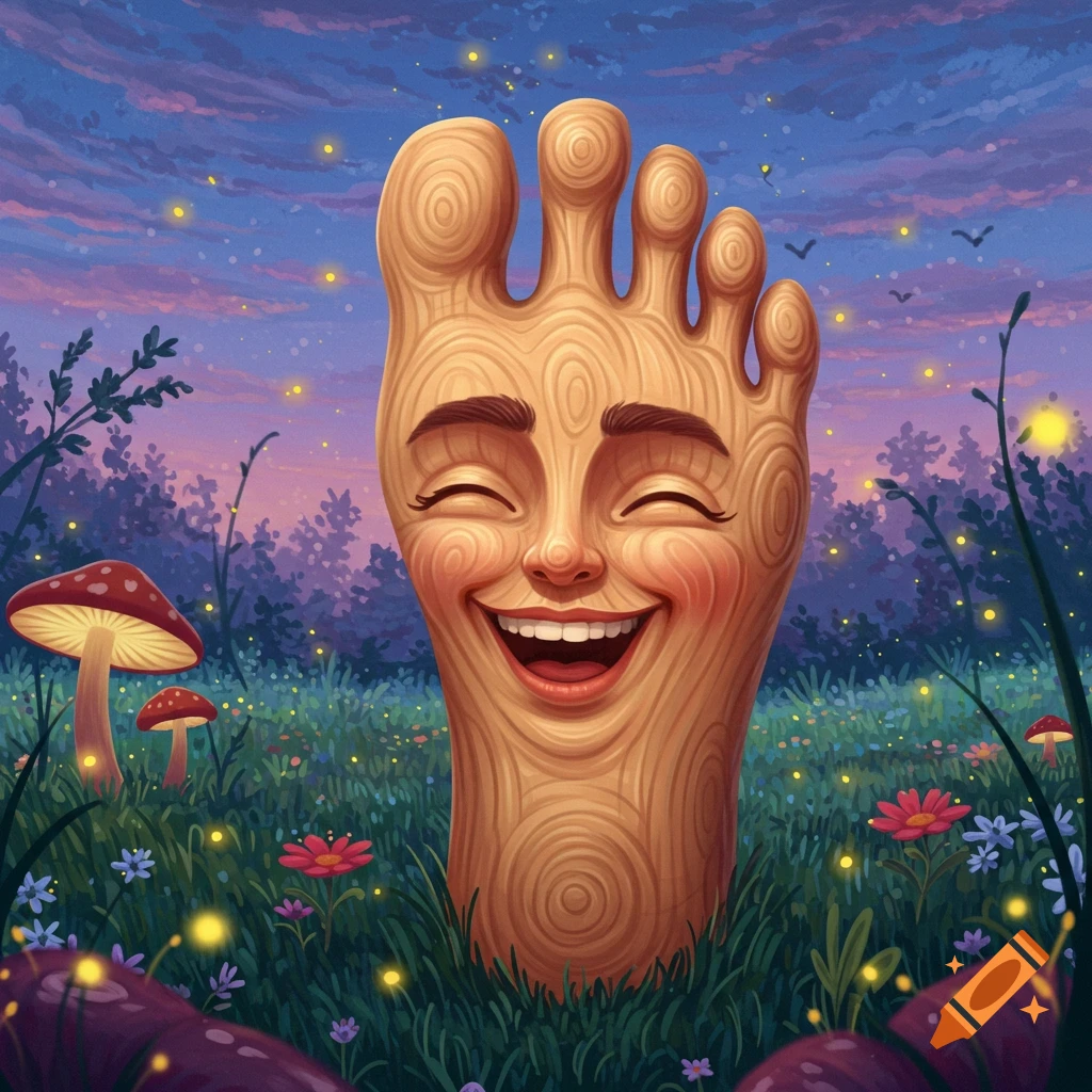 A happy anthropomorphic wooden foot with a human face laughs in a magical meadow with mushrooms and fireflies under a sunset sky.