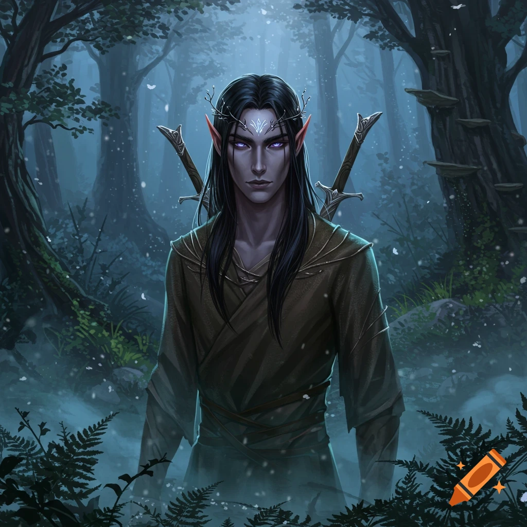 A dark elf man with purple eyes and a crown stands in a misty, snowy forest with swords on his back.