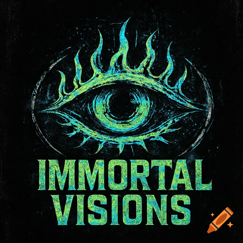 A grungy, stylized eye with blue and green flame-like elements, with the text 'IMMORTAL VISIONS' below it, all on a black background.