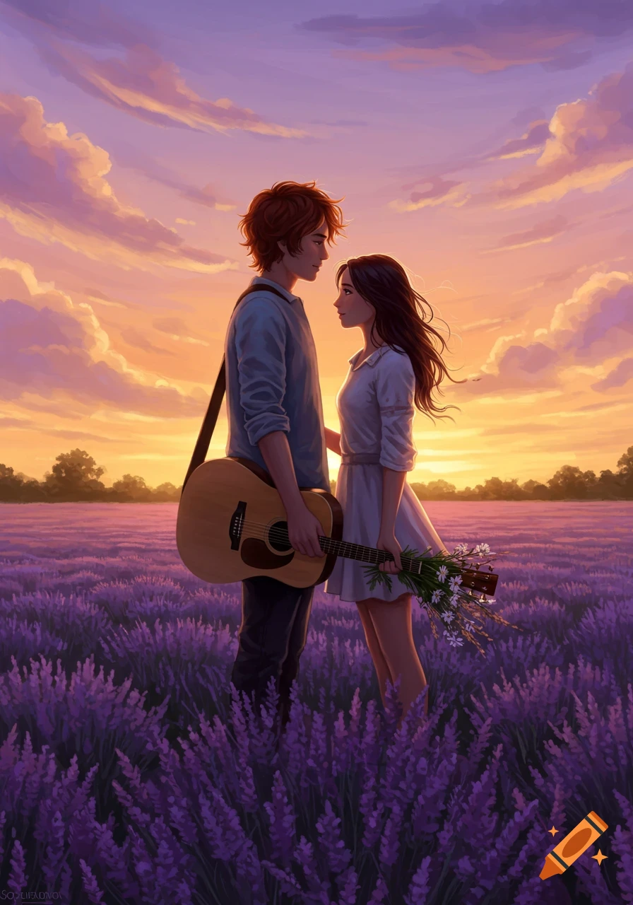 Illustrated image of a young couple looking at each other in a lavender field at sunset. The man holds a guitar, and the woman holds a bouquet.