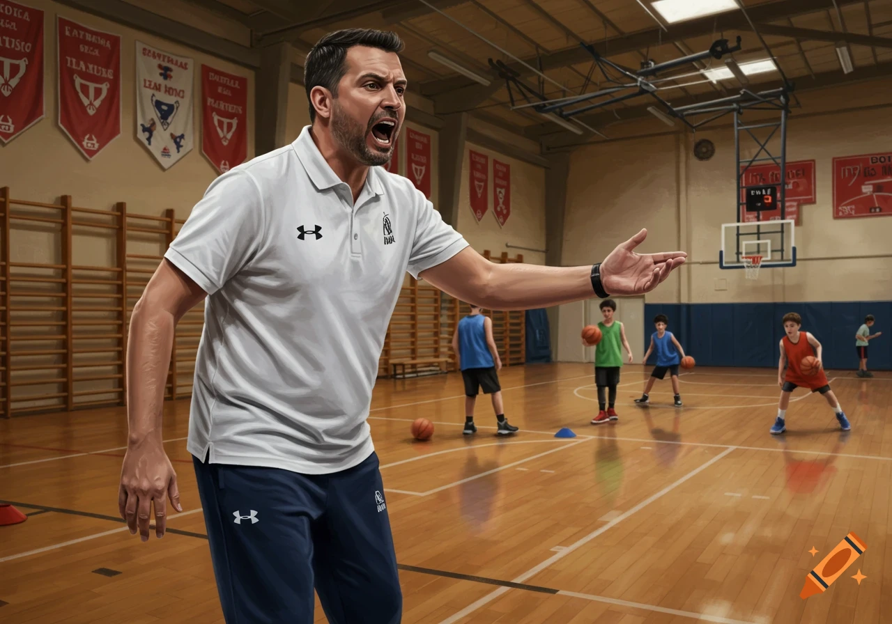 A male basketball coach yells and gestures to young players on an indoor court during practice, in a photorealistic illustration.