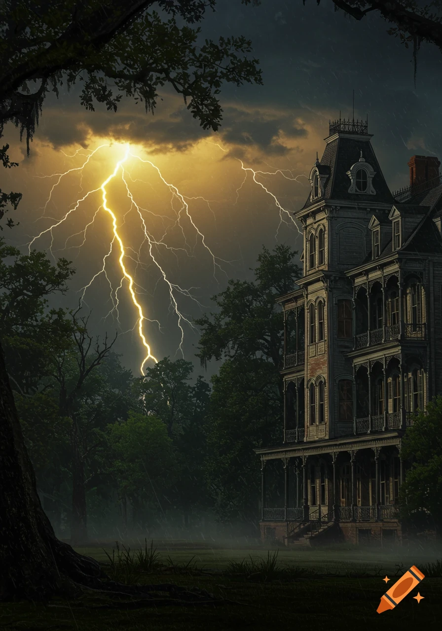 A large, old Victorian mansion on the right under a stormy sky with dramatic lightning. Dark oak trees frame the left side.