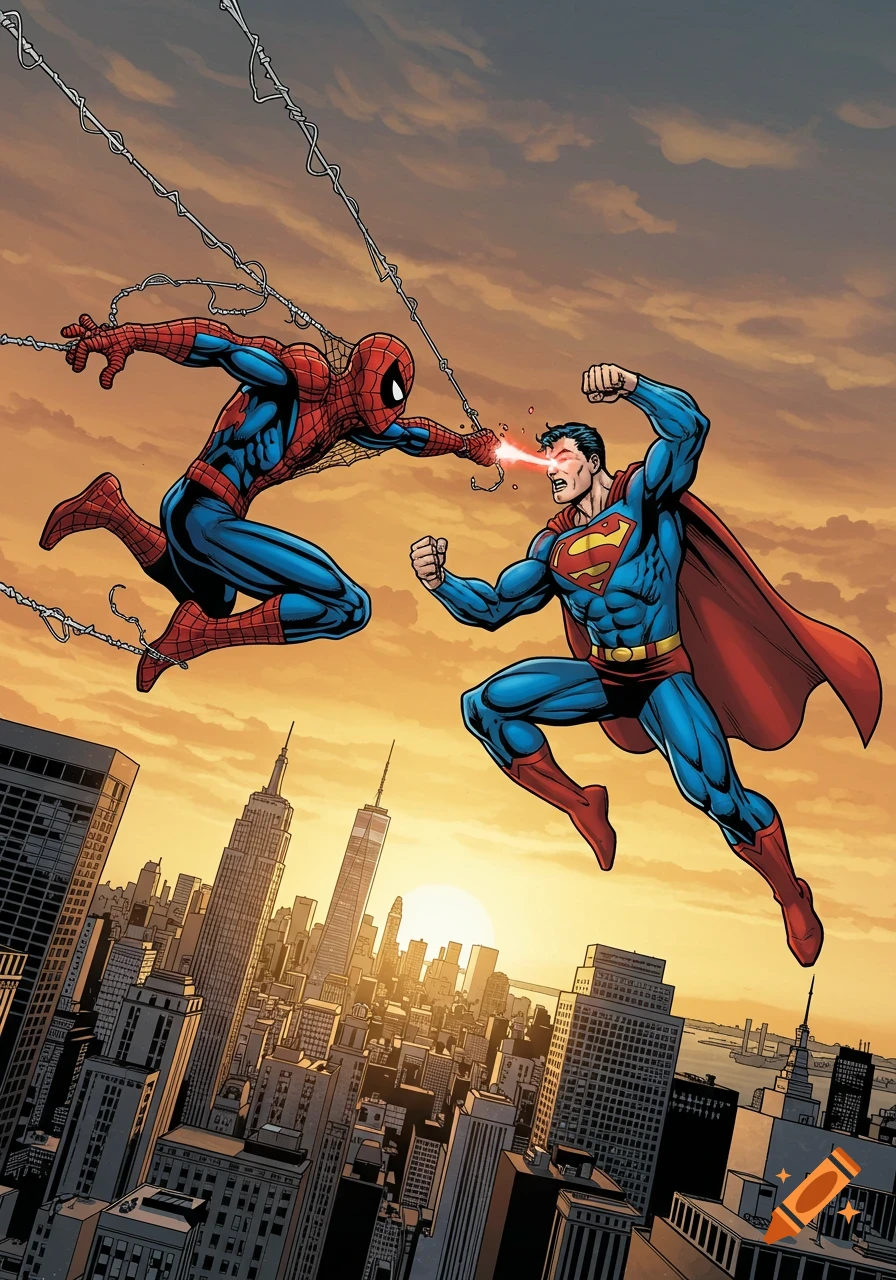 Comic book style art of Spider-Man attacking Superman with a web, while Superman retaliates with laser vision, high above a city at sunset.