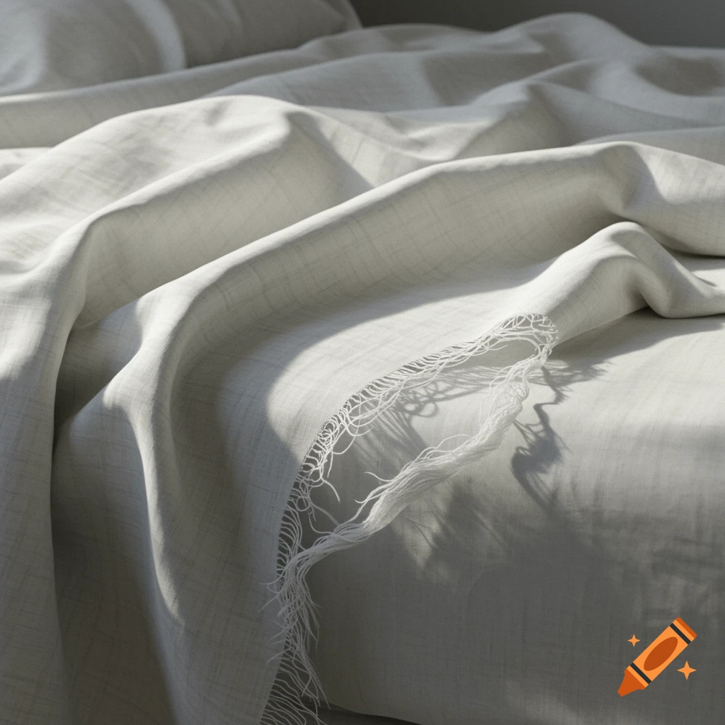 Close-up of a realistic, light-colored rumpled bedsheet with a torn edge and sunlight creating shadows.