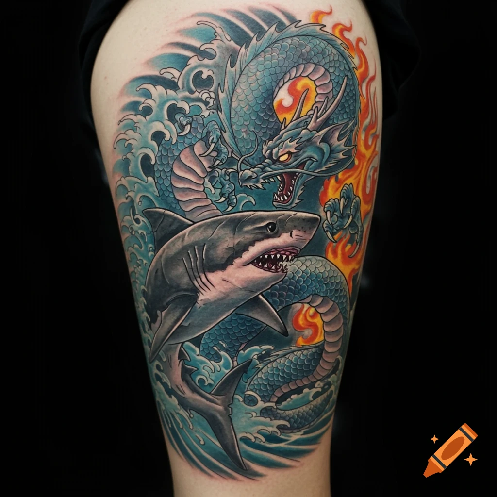 Colorful tattoo on a leg featuring a blue dragon with flames and a gray shark in blue waves.