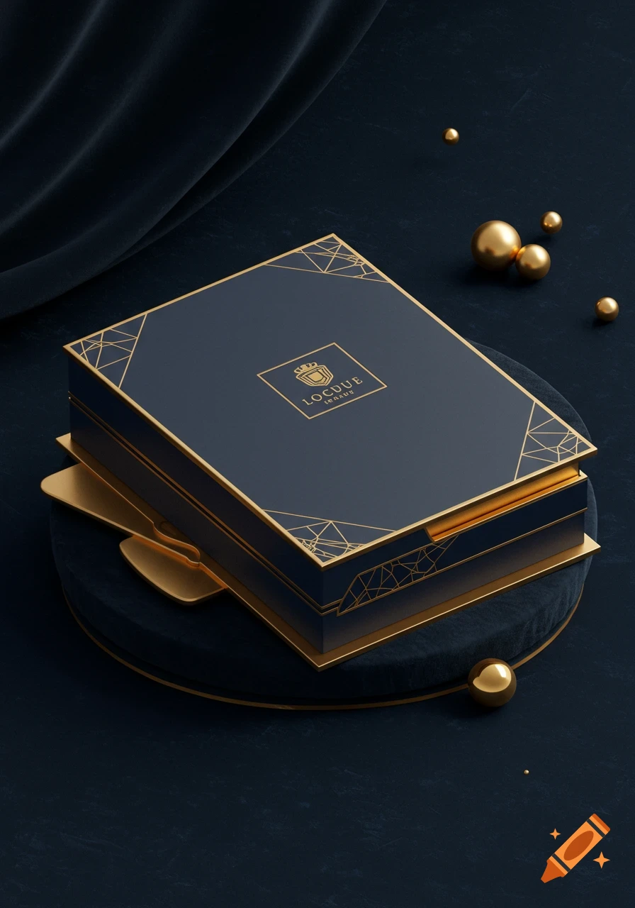 A luxurious dark blue box with gold geometric patterns and a crest logo, sitting on a velvet surface with golden spheres.