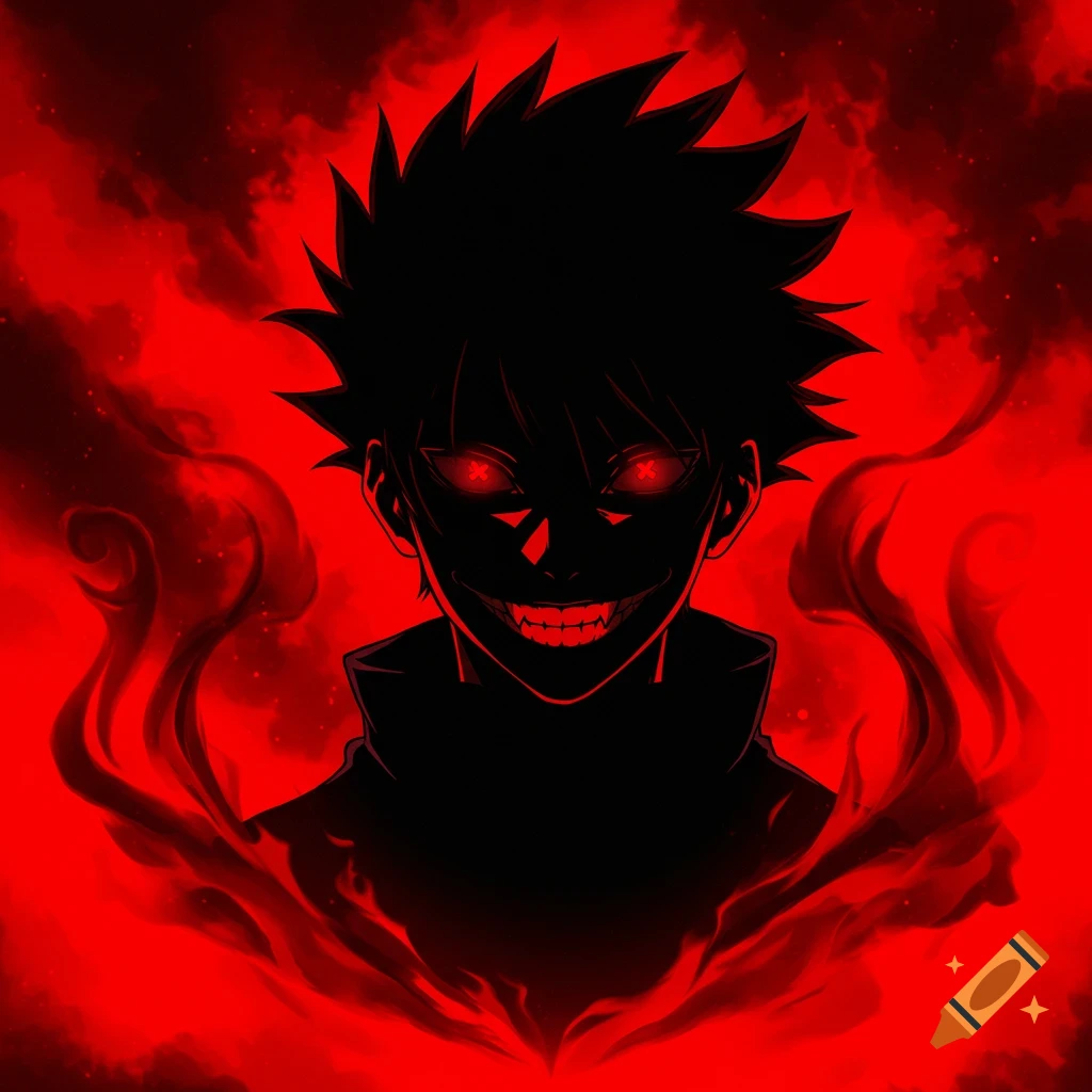 Anime style silhouette of a spiky-haired guy with glowing red X-eyes and a wide, toothy grin against a red smoky background.