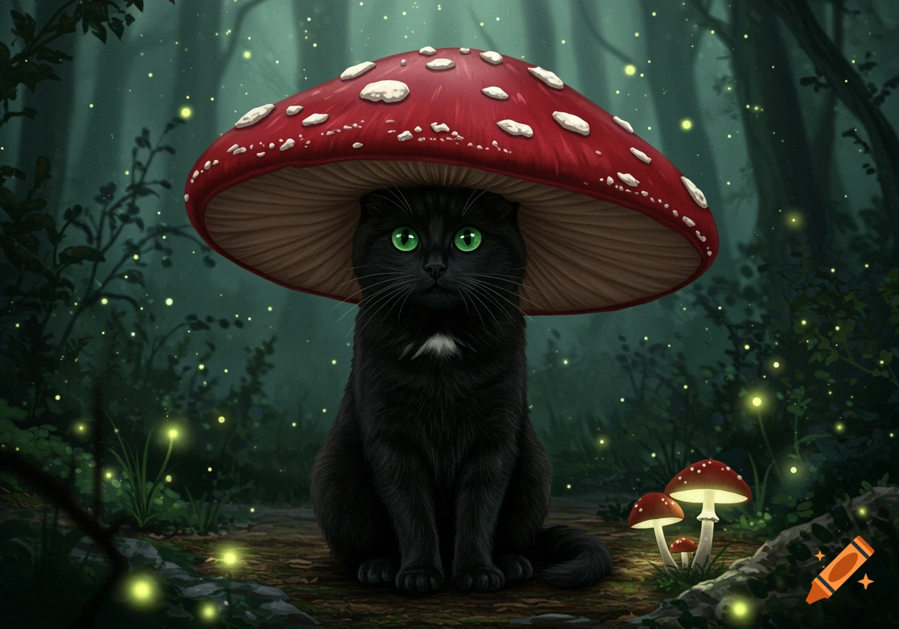 A black cat with bright green eyes sits in an enchanted forest, wearing a large red mushroom as a hat, surrounded by glowing fireflies.