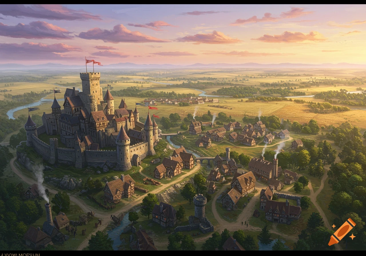 A panoramic view of a large medieval castle and a village nestled in a lush, sprawling landscape under a beautiful sunset sky.