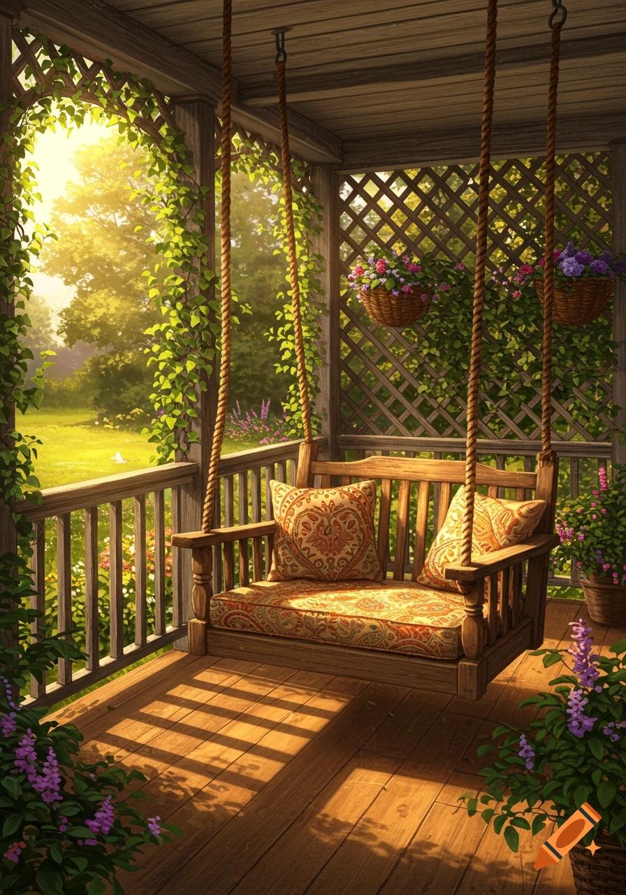 A cozy wooden porch swing with patterned cushions hangs on a sunlit veranda covered in green vines, overlooking a lush garden.
