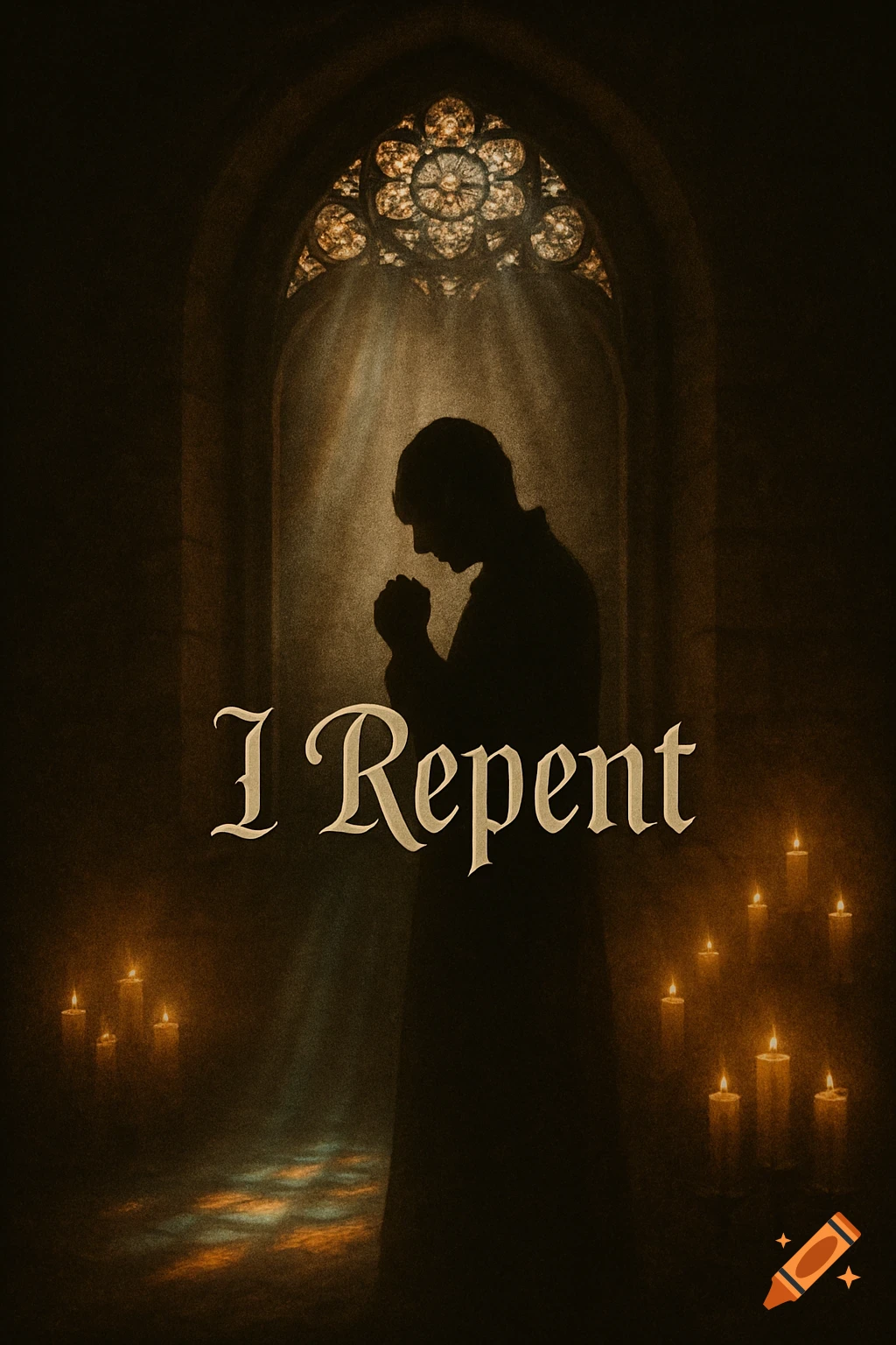 Silhouetted figure praying in a dark, candlelit church with stained glass, text 'I Repent'
