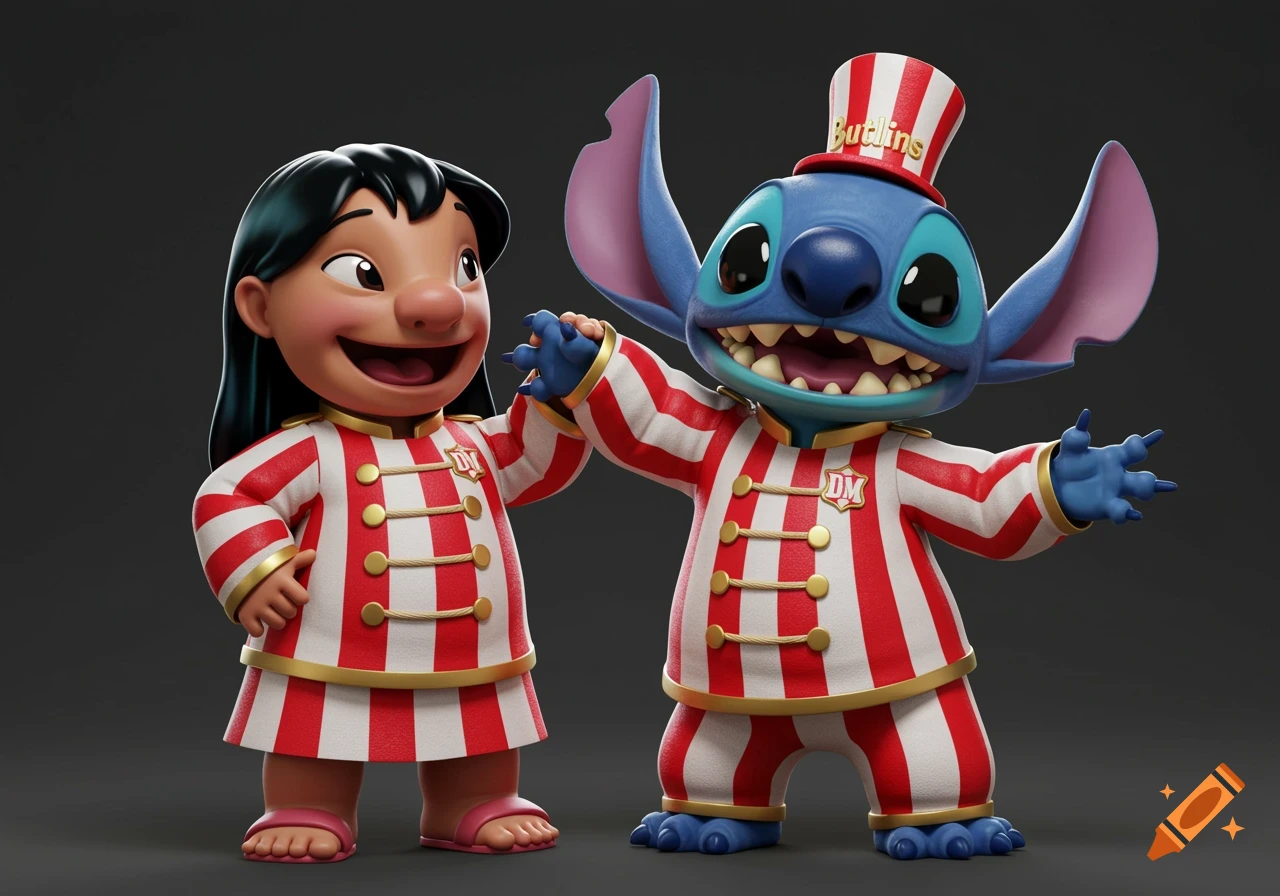 3D render of Lilo and Stitch in red and white striped Butlins uniforms, standing together on a plain grey background.