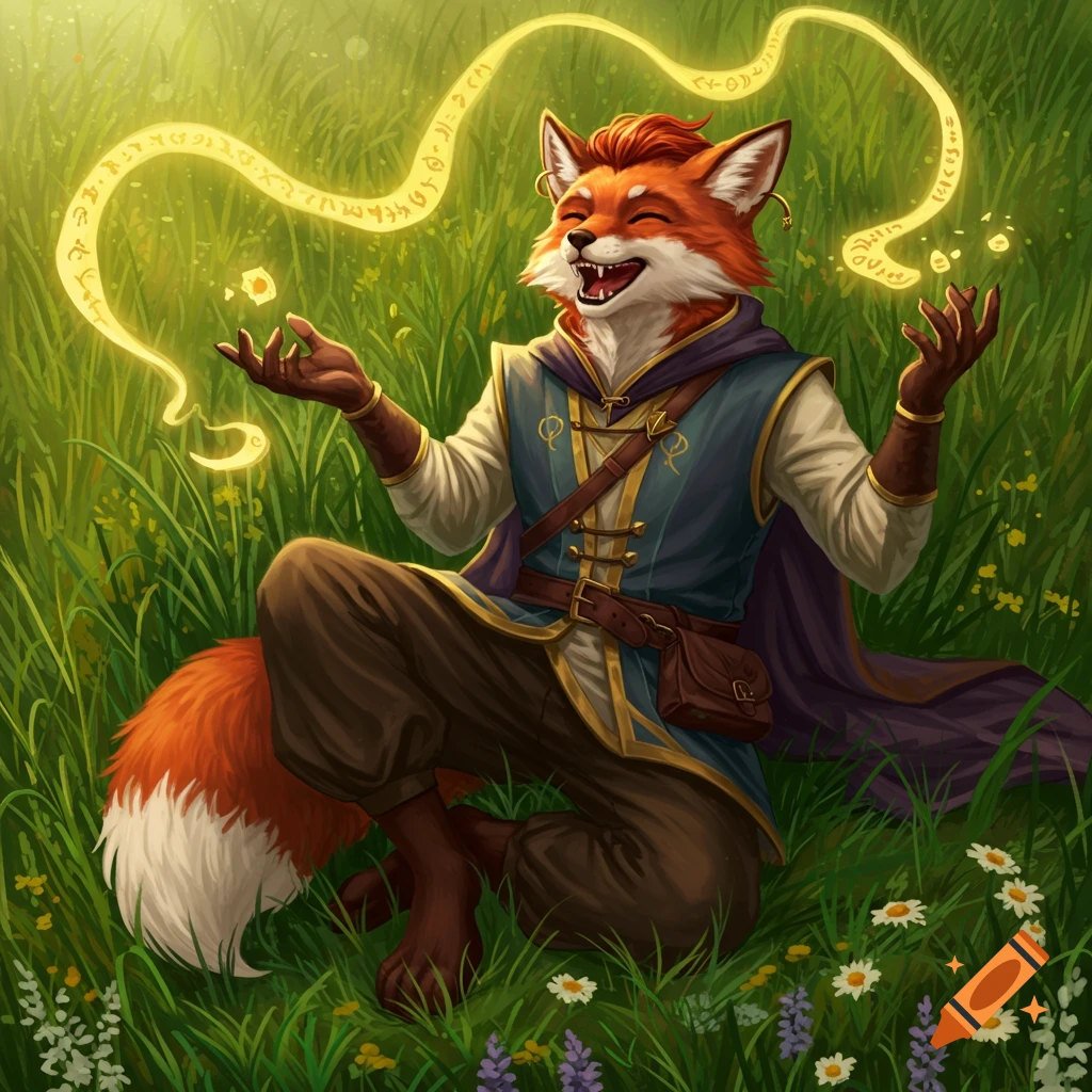 A jovial fox-like warlock sits in a grassy field, laughing joyfully as glowing magical runes float above their open hands.