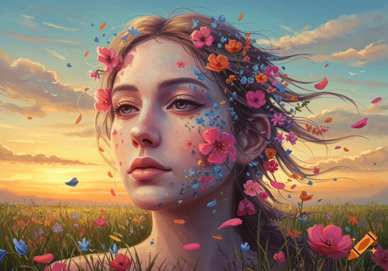 Ethereal woman's face adorned with vibrant flowers, wind-blown hair, in a field under a colorful sunset sky.
