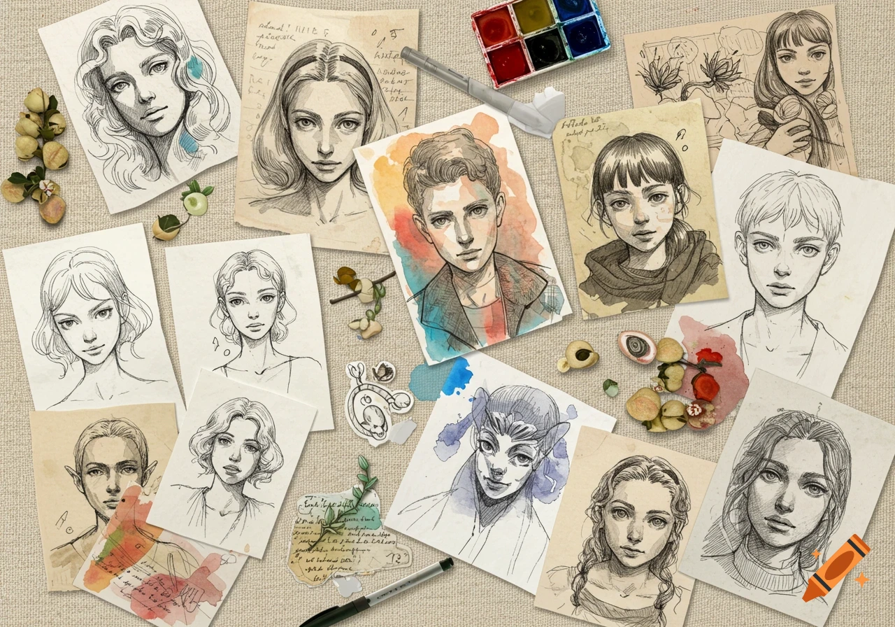 A top-down view of various stylized character drawings on paper, arranged on a canvas surface with watercolor paints and dried botanical elements.