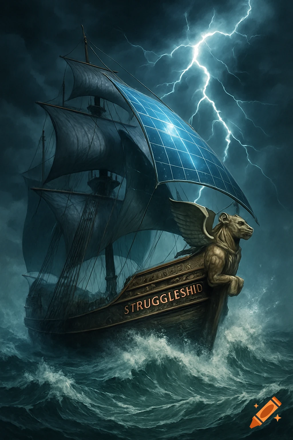 A ship with a lion-like figurehead and a glowing blue solar sail navigates through a dark, stormy sea under a sky with lightning.