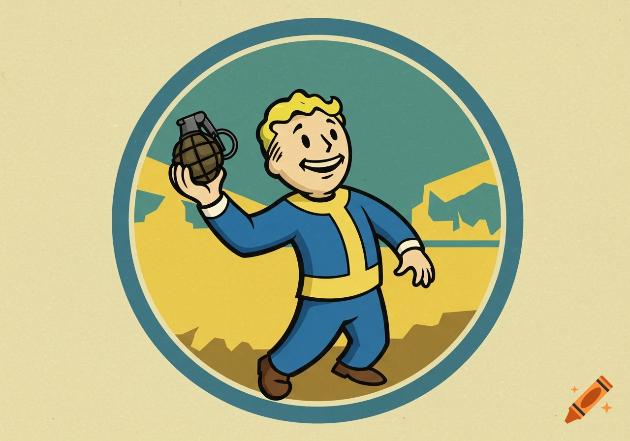 A cartoon illustration of Vault Boy from Fallout, smiling and holding a grenade in a retro, stylized circular frame.