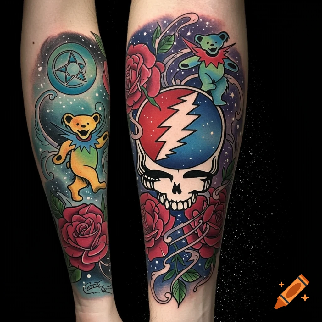 Colorful Grateful Dead themed half-sleeve tattoos featuring dancing bears, red roses, and the Steal Your Face skull on arms.