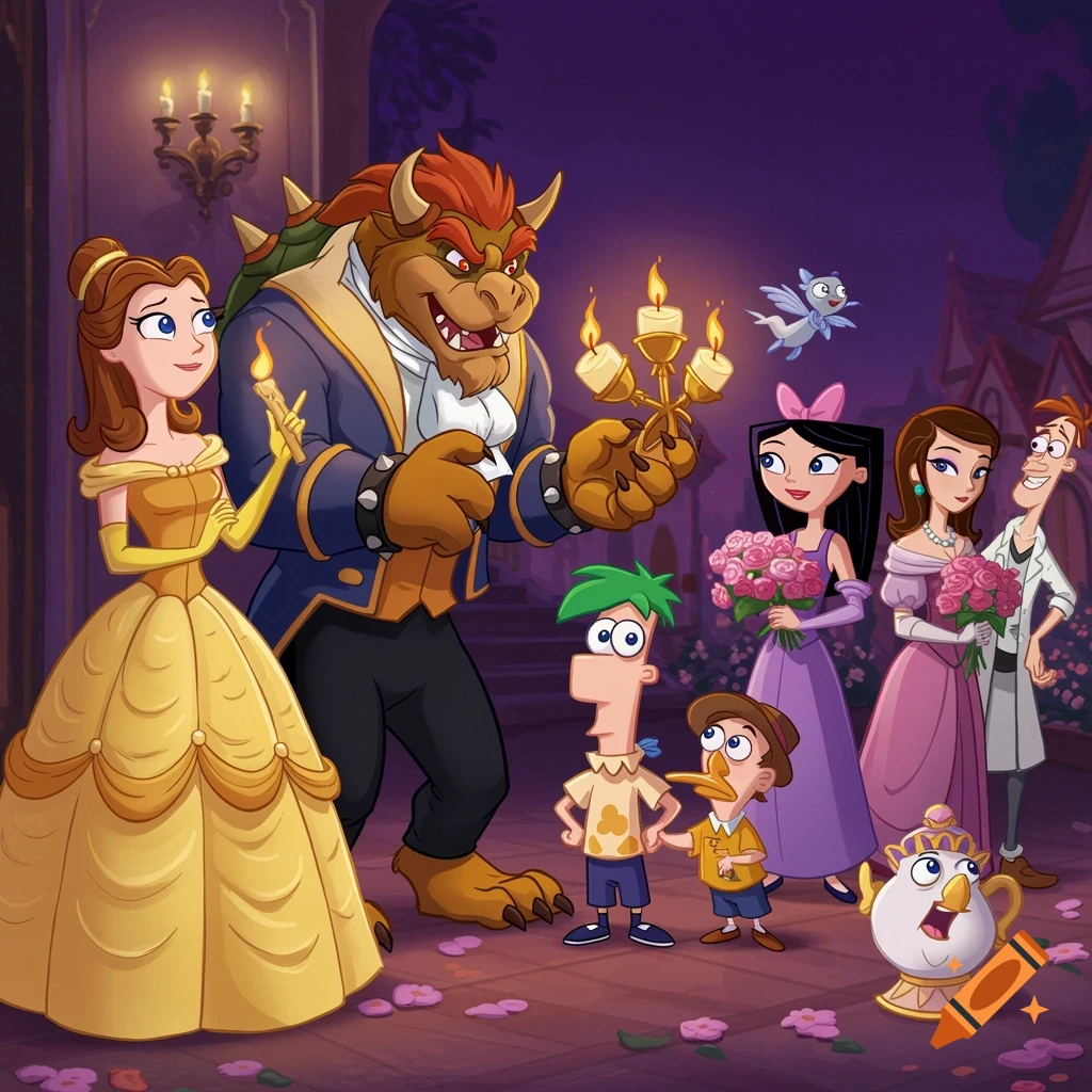 Cartoon crossover featuring Belle and Bowser as Beast, Phineas, Isabella, Perry, and Mrs. Potts in a purple castle ballroom.