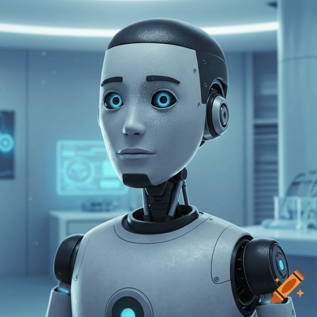 A close-up of a humanoid robot with glowing blue eyes, light gray skin, and black hair in a futuristic, sterile environment.