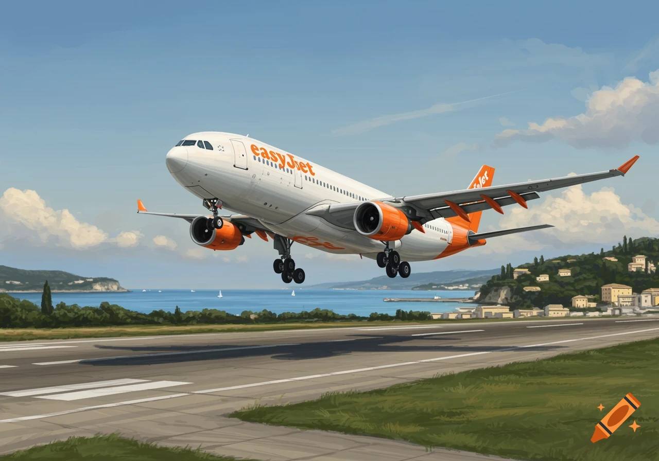 An EasyJet Airbus A330 aircraft landing at a coastal airport, with mountains and sea in the background, in an illustrative style.