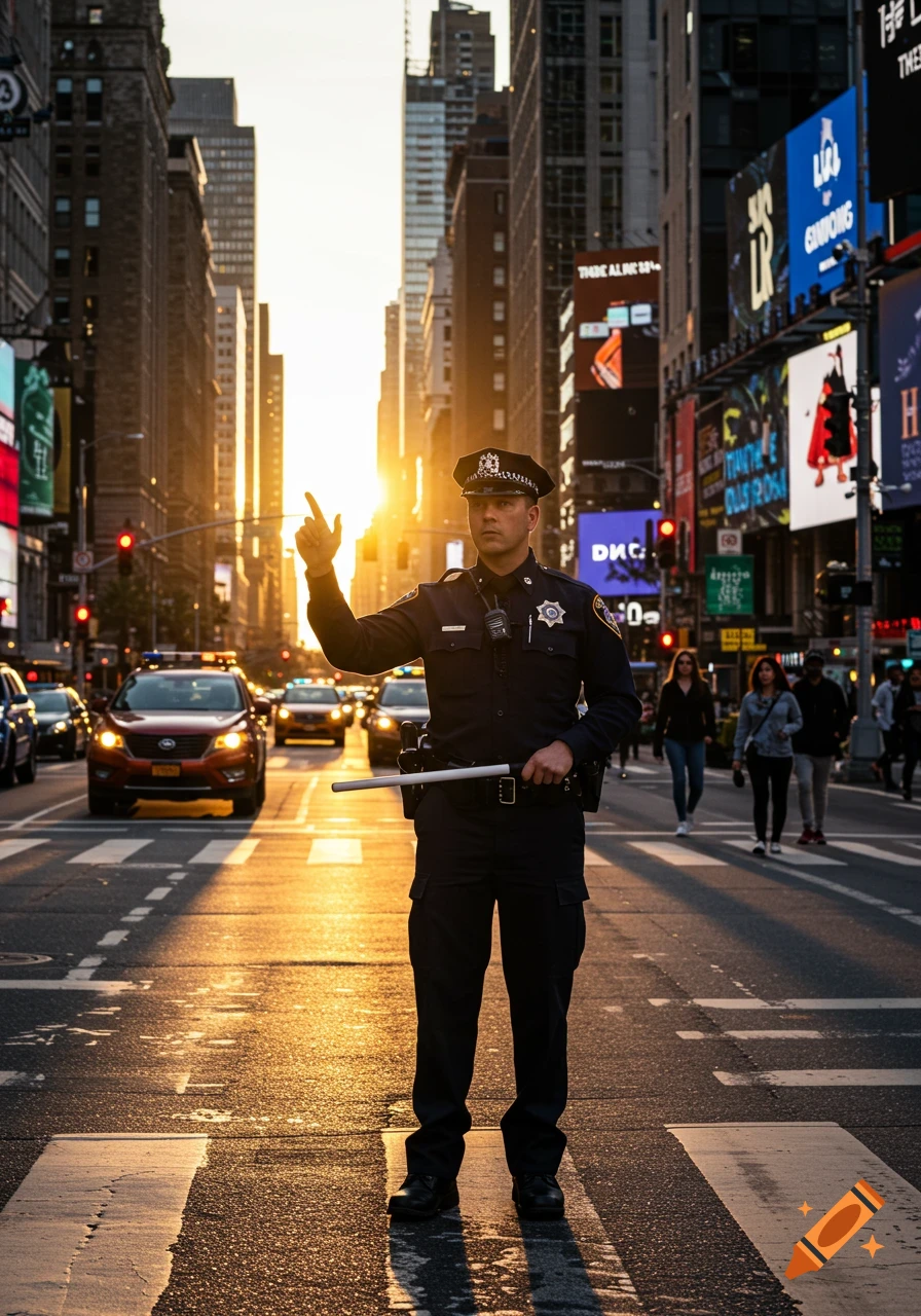 A photorealistic image of a police officer standing in a busy city intersection at sunset, directing traffic.