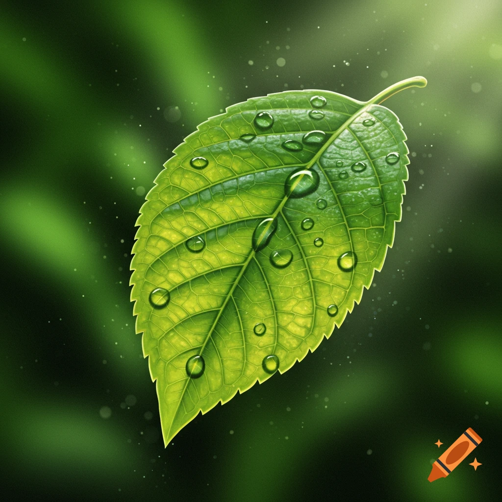 A vibrant green leaf covered in dew drops, set against a soft, blurred green background.