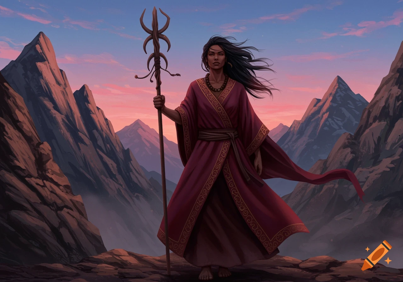 A woman in a flowing red robe with gold trim stands on a rocky mountain path holding a staff, set against a sunset sky.