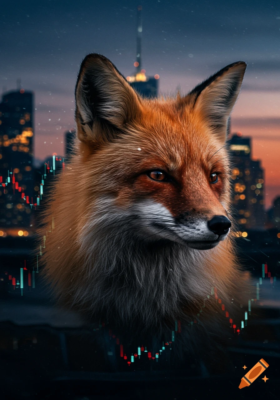 A photorealistic red fox head with financial candlestick charts overlaid, against a dark city skyline at dusk.