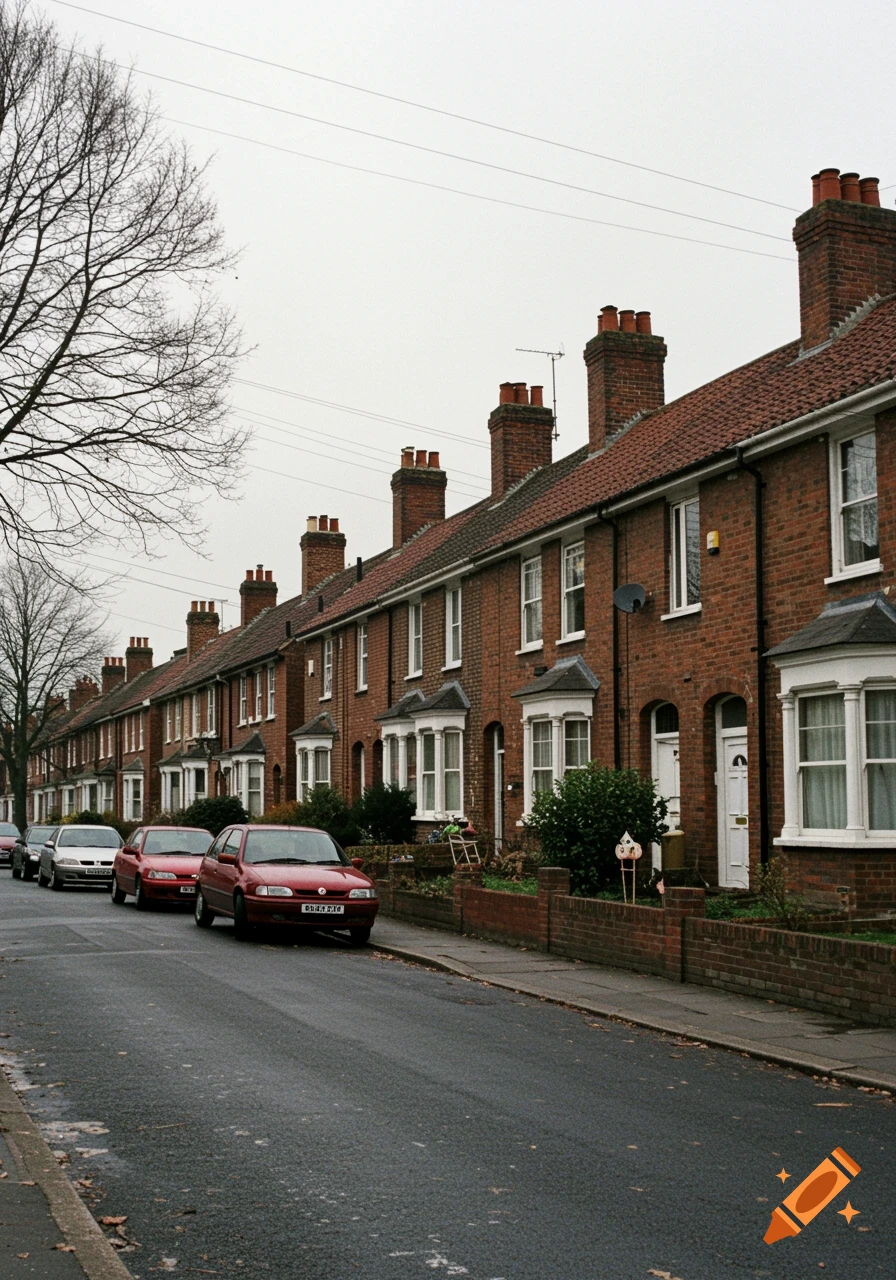 A long row of red brick terraced houses with white bay windows line a street with parked cars under a gray sky.