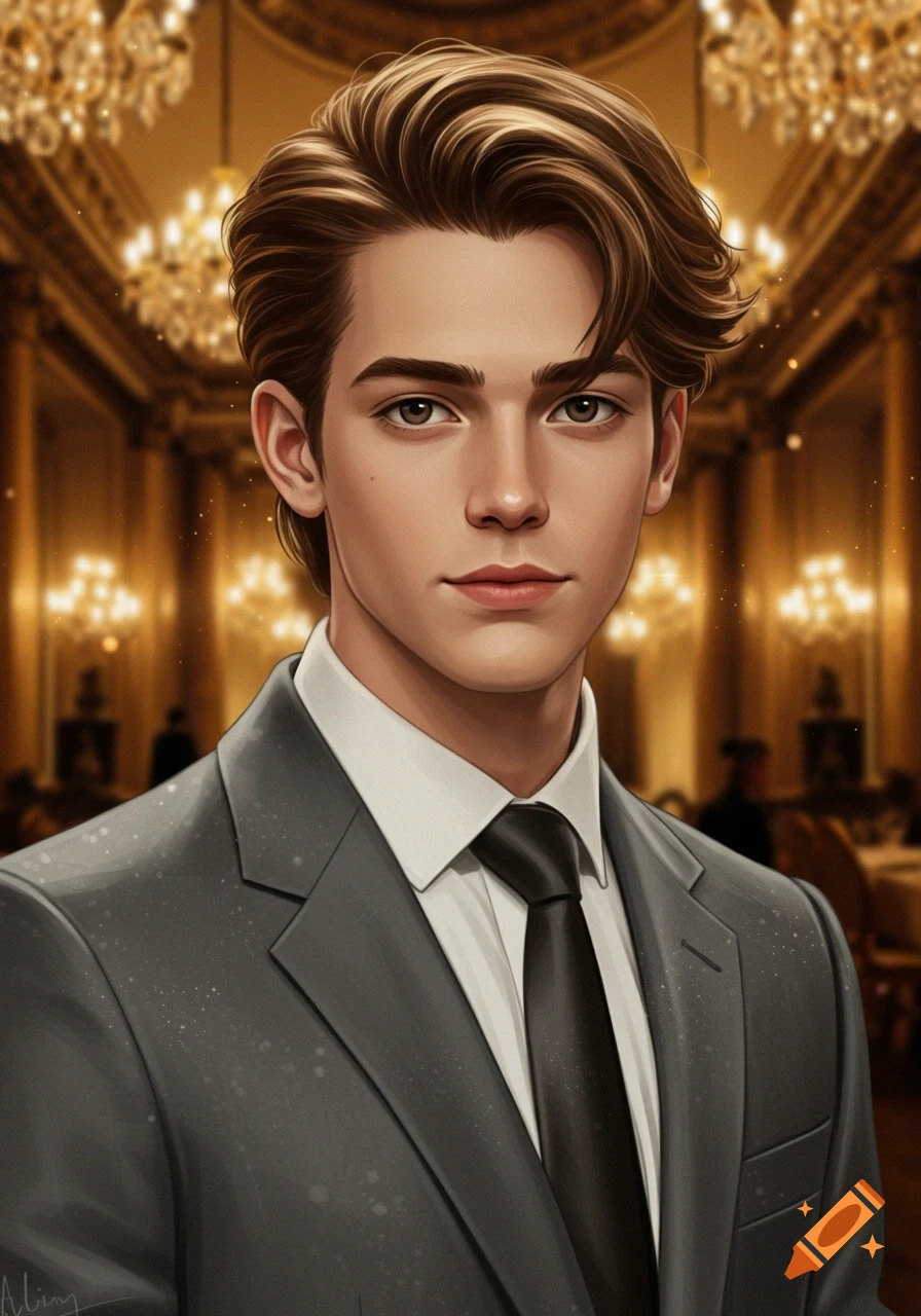 A stylized digital art portrait of a handsome young man in a grey suit and tie, with brown hair, in an elegant ballroom.