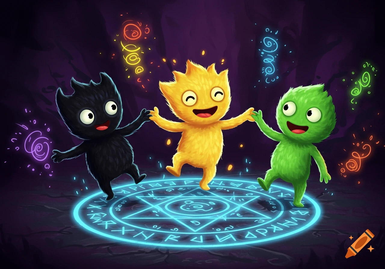 Three happy, furry cartoon monsters, black, yellow, and green, dance on a glowing blue magical circle on dark ground.