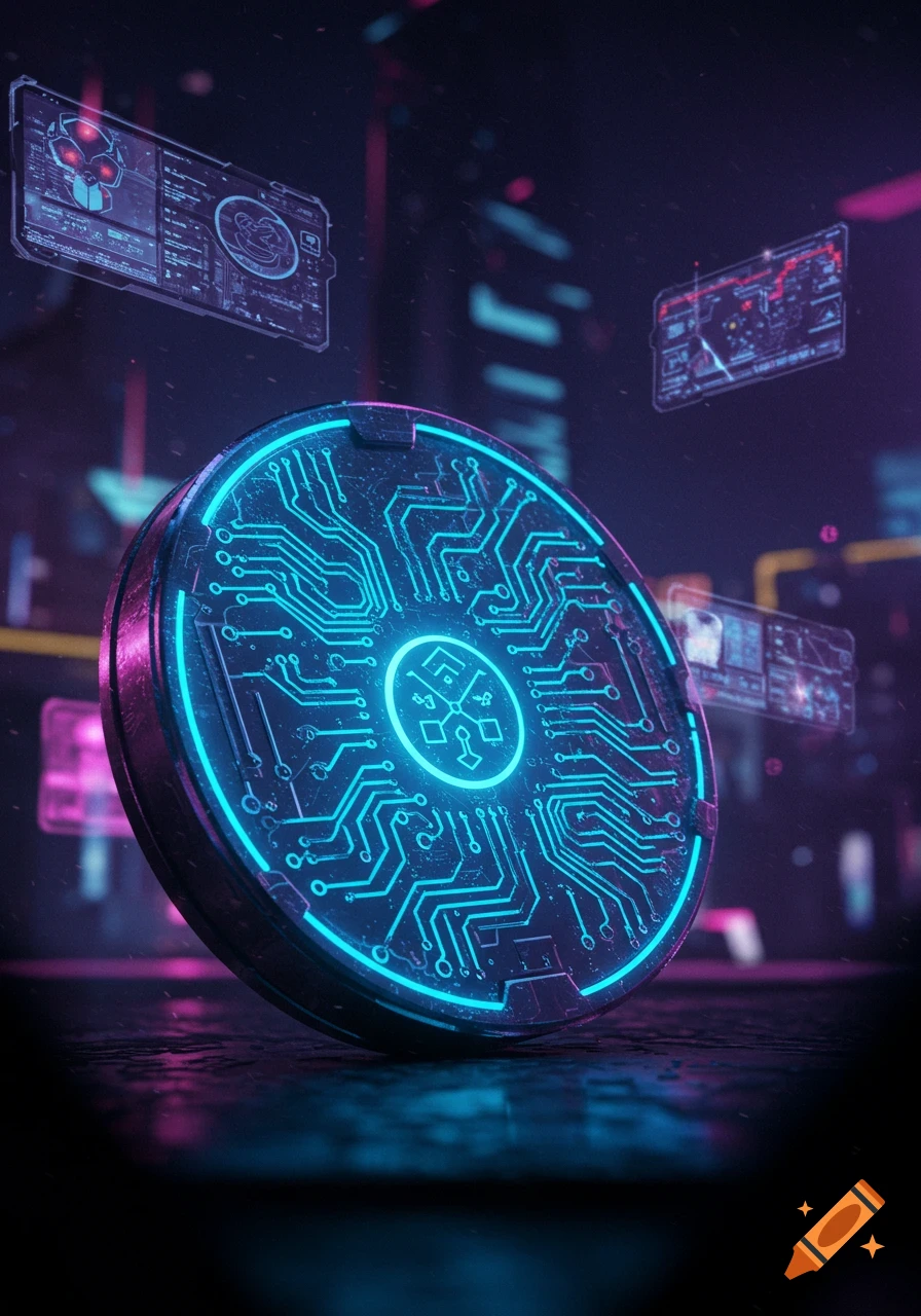 A glowing blue circuit board coin floats in a dark, futuristic cyberpunk city with holographic displays.