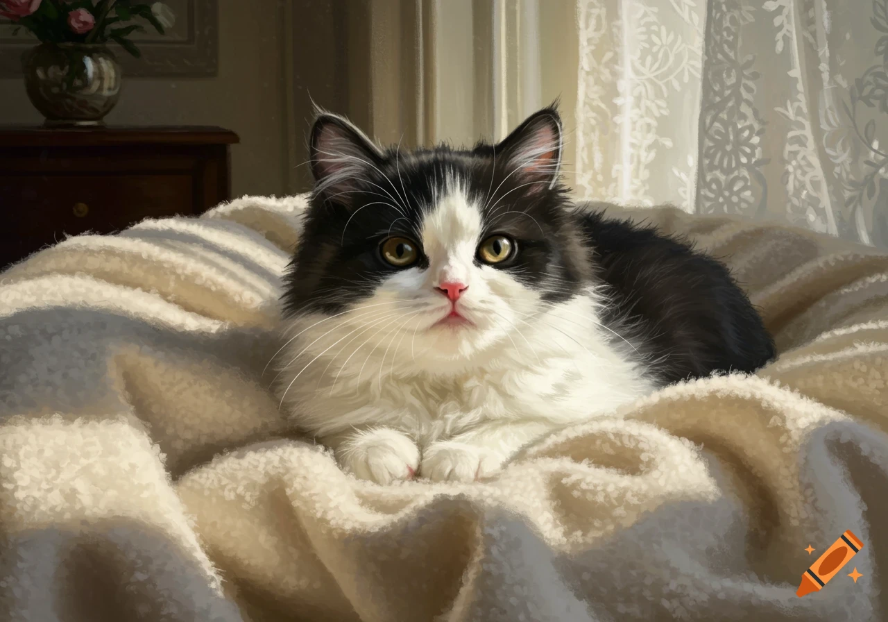 A fluffy black and white tuxedo cat with a pink nose rests on a soft, textured blanket in a sunlit room.