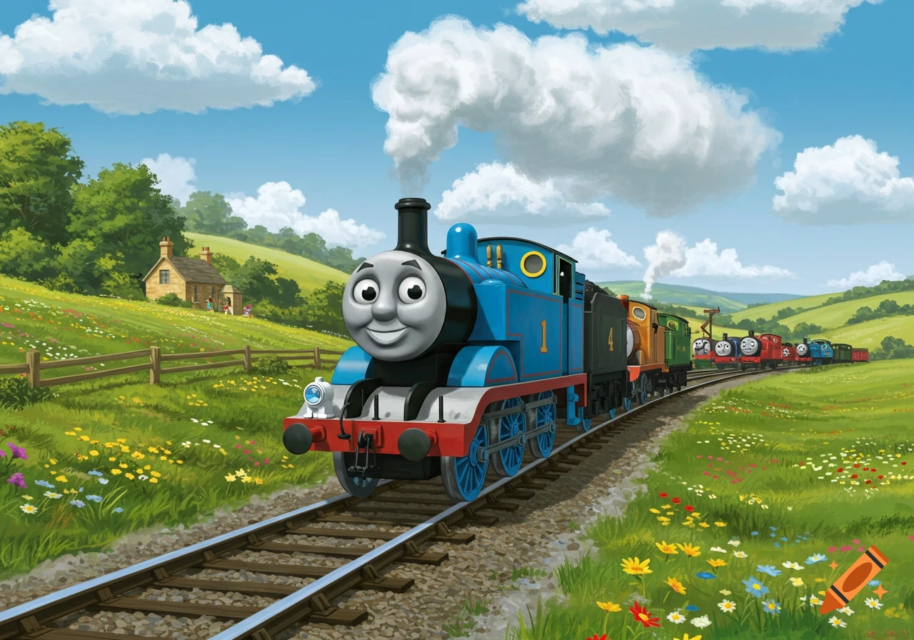 Thomas the Tank Engine leads a line of trains on a track through a vibrant green countryside with wildflowers and a blue sky.