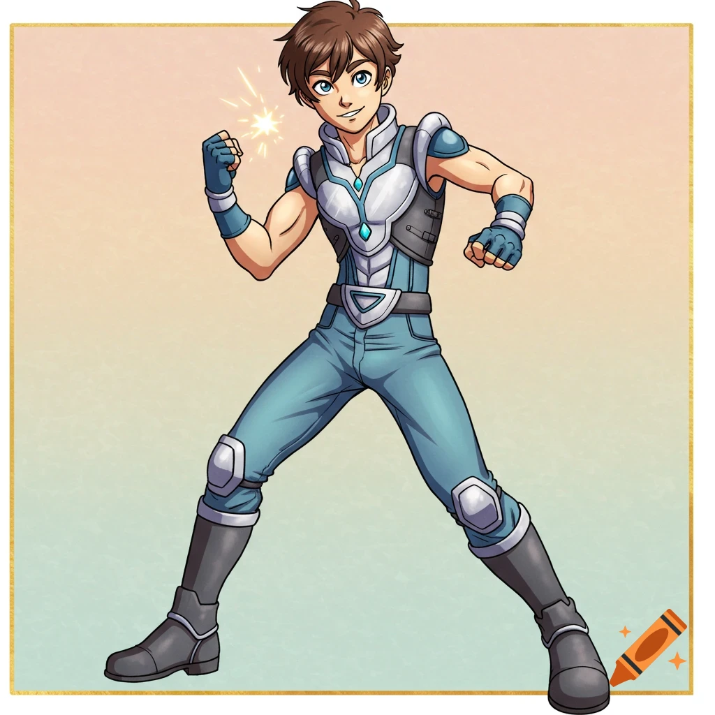 Anime boy in a blue and white futuristic suit, striking a pose with a glowing fist.