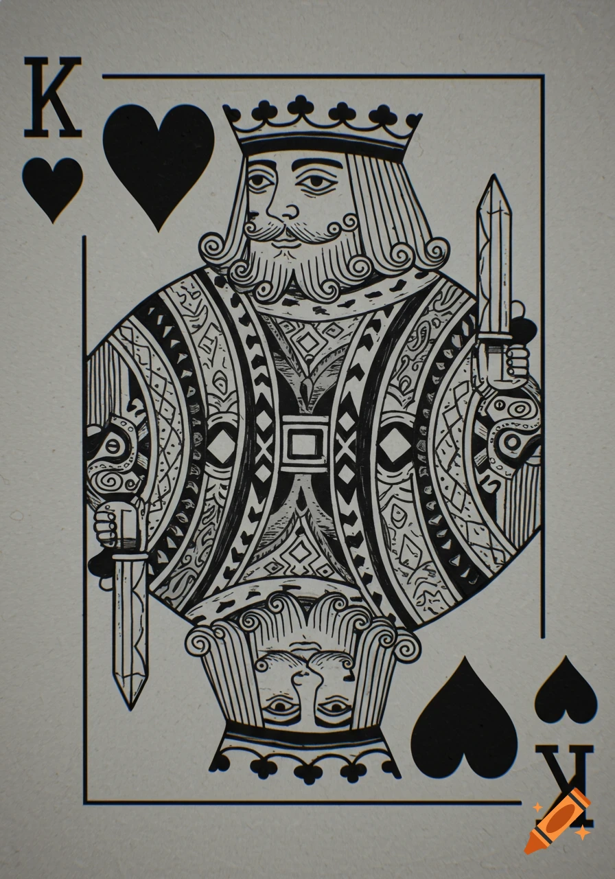 A black and white illustration of a King of Hearts playing card, featuring a king holding a sword with heart symbols and the letter 'K'.