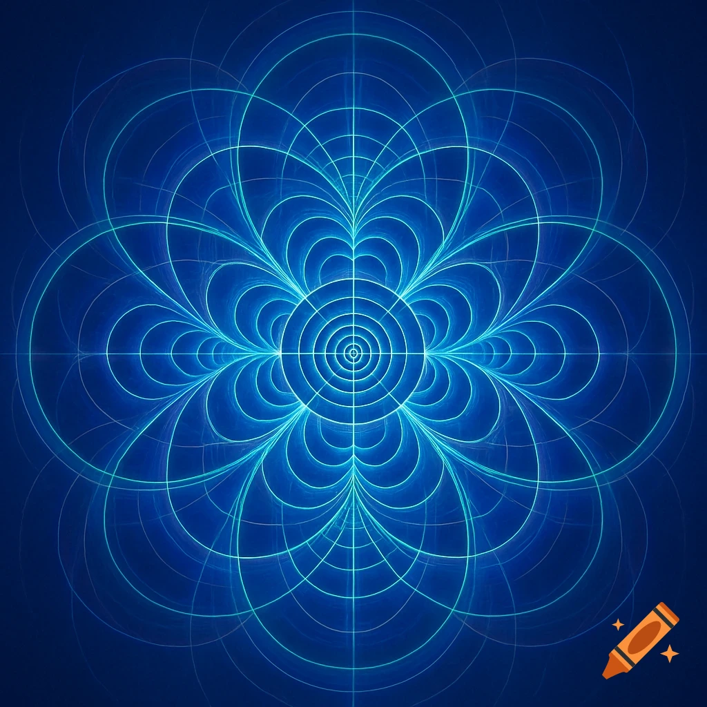A glowing blue symmetrical fractal pattern composed of intersecting circular and curved lines on a dark blue background.