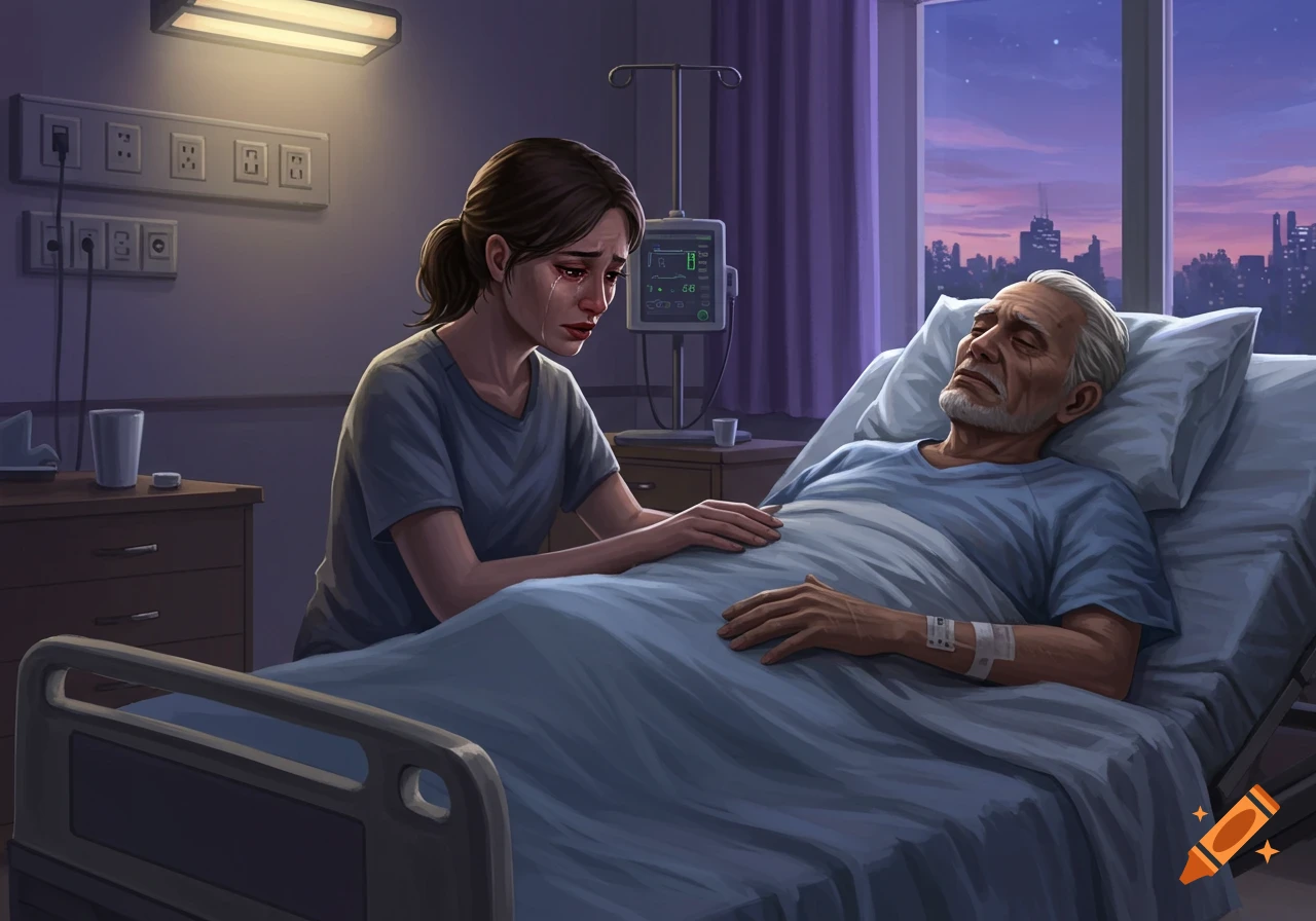 A crying woman sits by an elderly man in a hospital bed, holding his hand, with a cityscape visible through the window at night. The scene is illustrative.