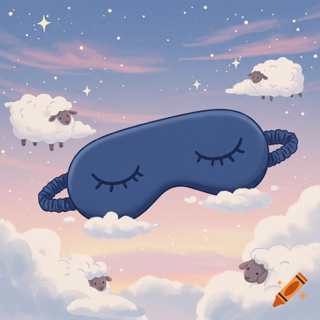 A cartoon blue sleep mask floats in a pink and blue starry sky with whimsical sheep on clouds.