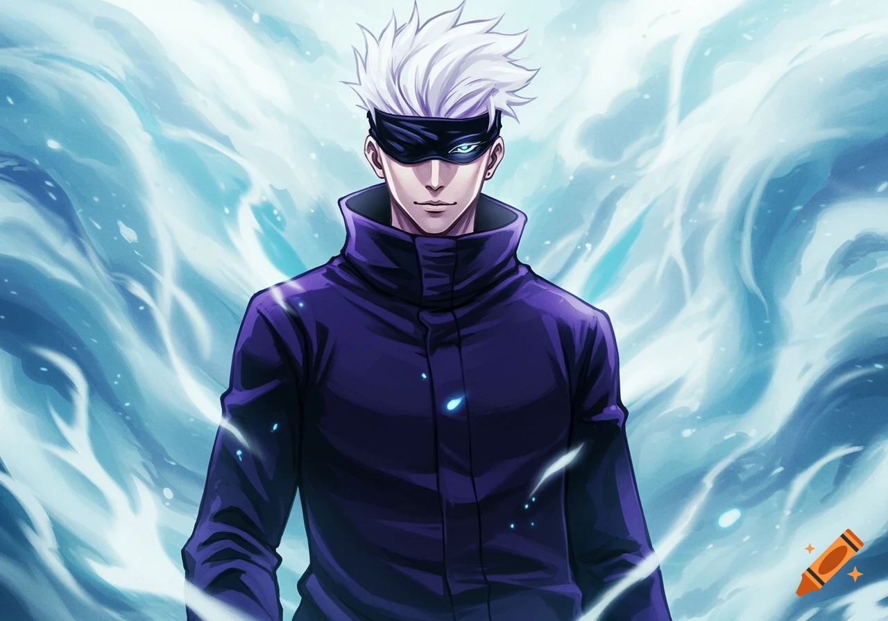 An anime character, Gojo Satoru, with white spiky hair and a black blindfold, wearing a dark purple high-collared jacket, stands against a swirling light blue mystical background.