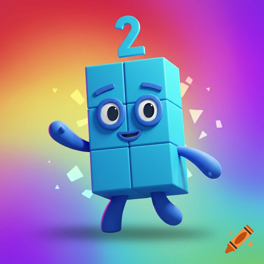A blue Numberblock character, shaped like two stacked blocks, with a number '2' floating above its head, against a vibrant rainbow background.