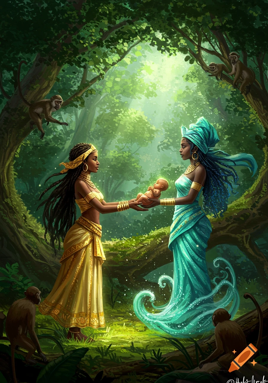 Two women in ornate attire, one in yellow, one in blue, exchange a baby in a vibrant, sunlit forest with monkeys. Fantasy art.